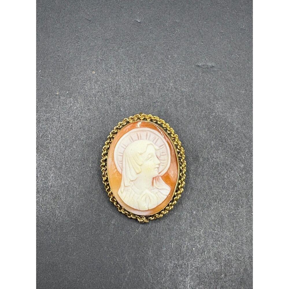 Antique Madonna Virgin Mary Carved Shell Cameo Gold Tone W/ Markings Stamped